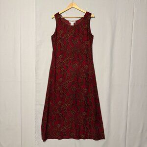 90s Vintage Jones New York Silk Burgundy Paisley Sleeveless Shift Midi Dress Med